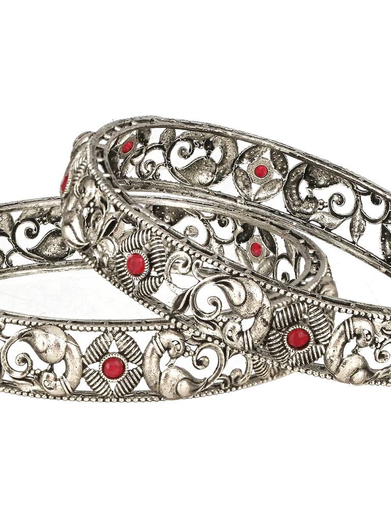 Set Of 2 Oxidised Silver-Toned & Red Stone Studded Peacock Traditional Bangles-Ba-Js23-60077 : BA-JS23-60077