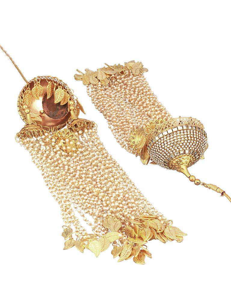 Pack Of 2 Gold Plated Stone Studded & White Long Pearl Beaded Bridal Dome Kaleeras : JS23-KAL007