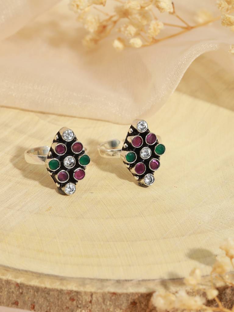 Set Of 2 Oxidised Multi Colored Ad Studded Adjustable Toe Rings : SJTR2023