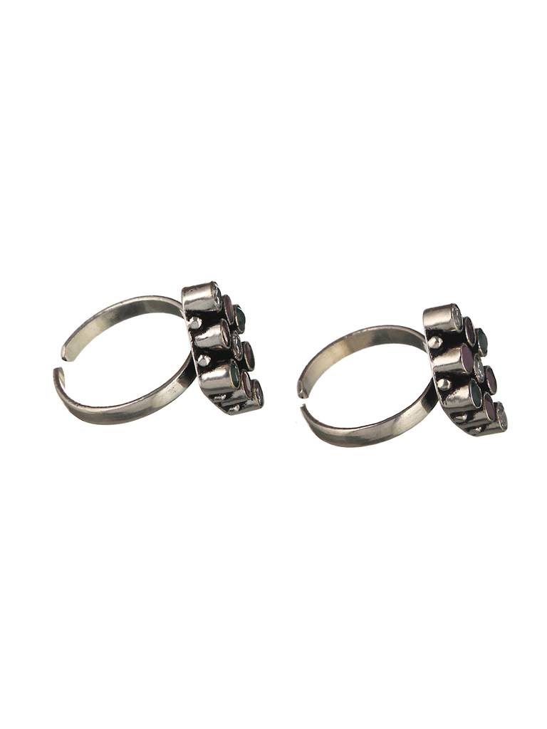 Set Of 2 Oxidised Multi Colored Ad Studded Adjustable Toe Rings : SJTR2023