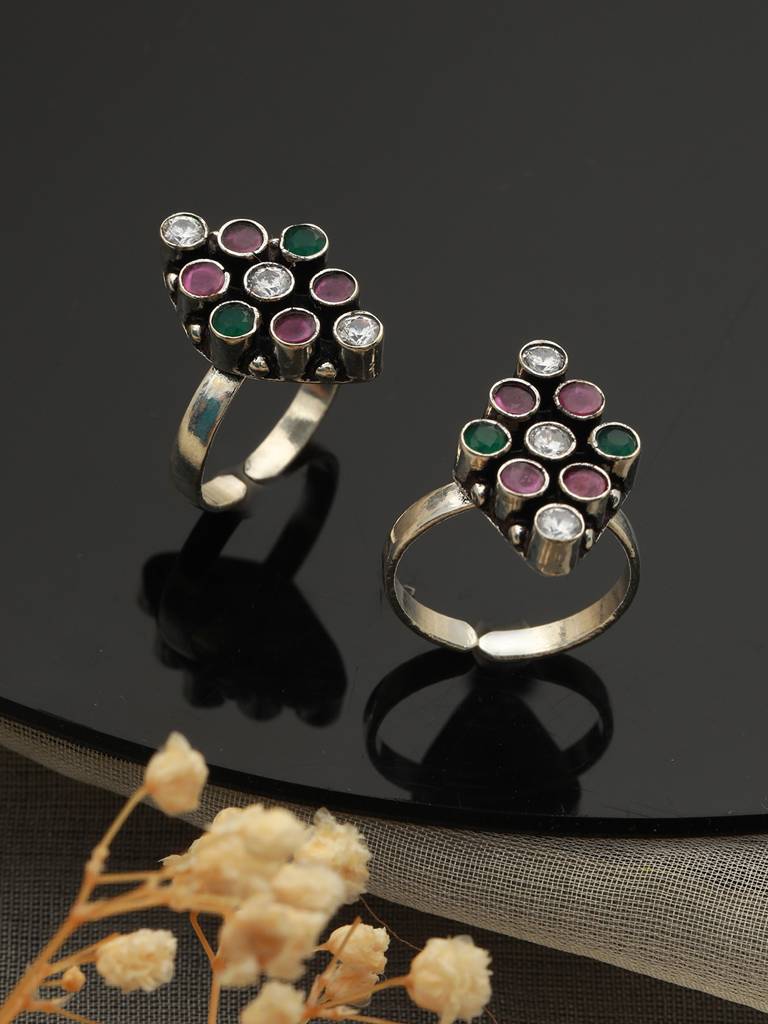 Set Of 2 Oxidised Multi Colored Ad Studded Adjustable Toe Rings : SJTR2023