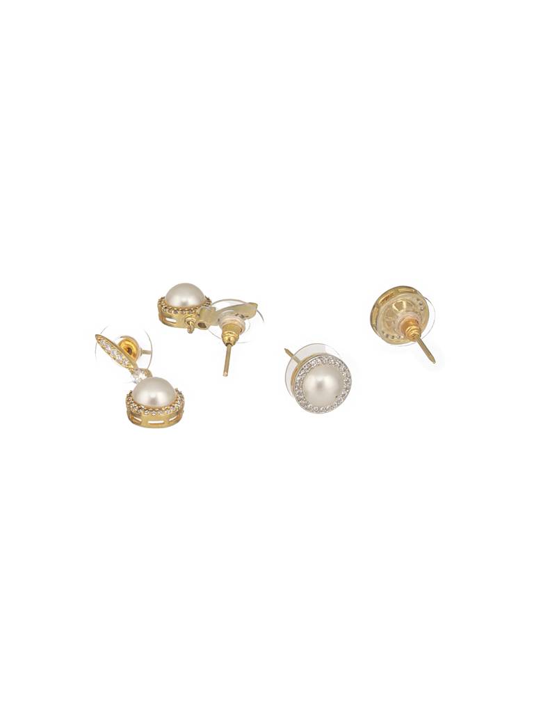 Gold-Plated White Pearl & Ad Studded Chain Pendent With Two Earring Set : NL-JS24-40379