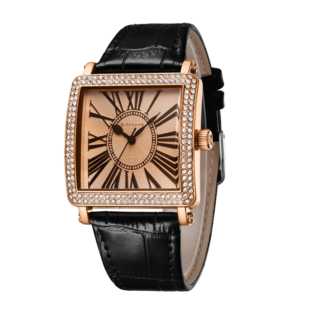 Leather Strap Watch with Crystal Accents, Roman Numerals, 28mm Case Giordano Elegant Watch For Women Crystal-Studded Square Dial  main image 3