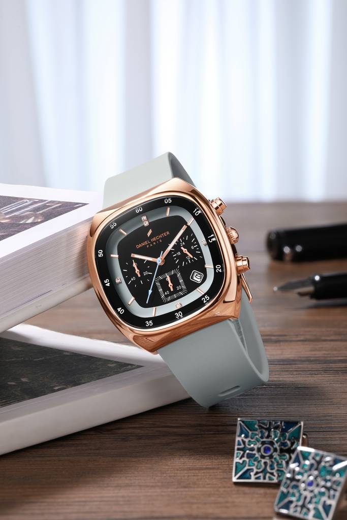 Daniel Hechter Paris Bercy Collection Modern Multi Functional Watch For Men With Square Dial And Silicon Band-Dhm : DHM1001-05