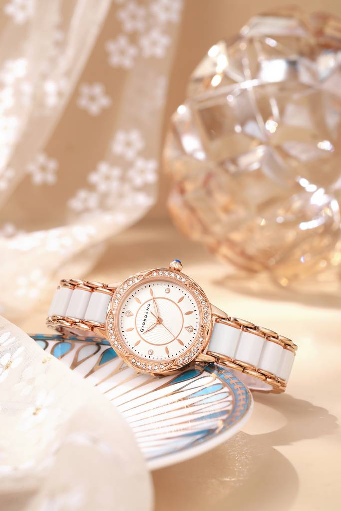 Giordano Flower Case Watch For Women With Crystal-Studded Bezel, Diamond Hour Markers & Dual Tone Stainless Stra : GZ-60095-33