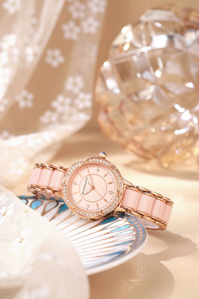Giordano Flower Case Watch For Women With Crystal-Studded Bezel, Diamond Hour Markers & Dual Tone Stainless Stra : GZ-60095-22