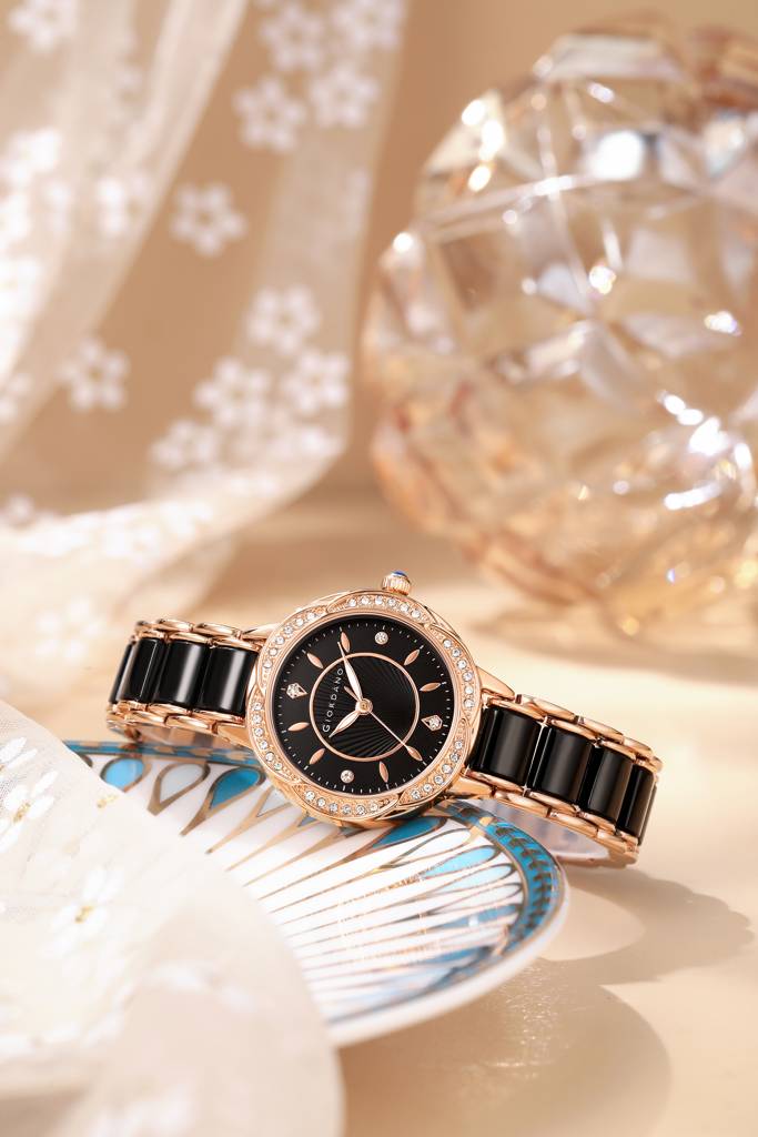Giordano Flower Case Watch For Women With Crystal-Studded Bezel, Diamond Hour Markers & Dual Tone Stainless Stra : GZ-60095-11