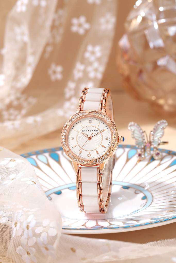 Giordano Flower Case Watch For Women With Crystal-Studded Bezel, Diamond Hour Markers & Dual Tone Stainless Stra : GZ-60095-33