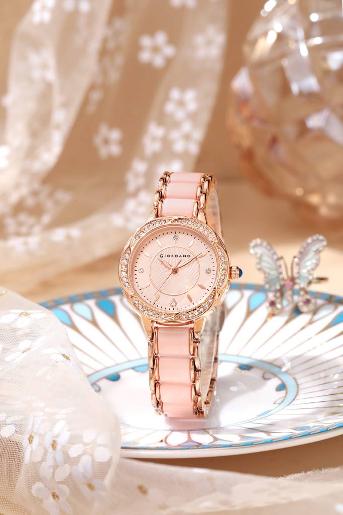 Giordano Flower Case Watch For Women With Crystal-Studded Bezel, Diamond Hour Markers & Dual Tone Stainless Stra : GZ-60095-22