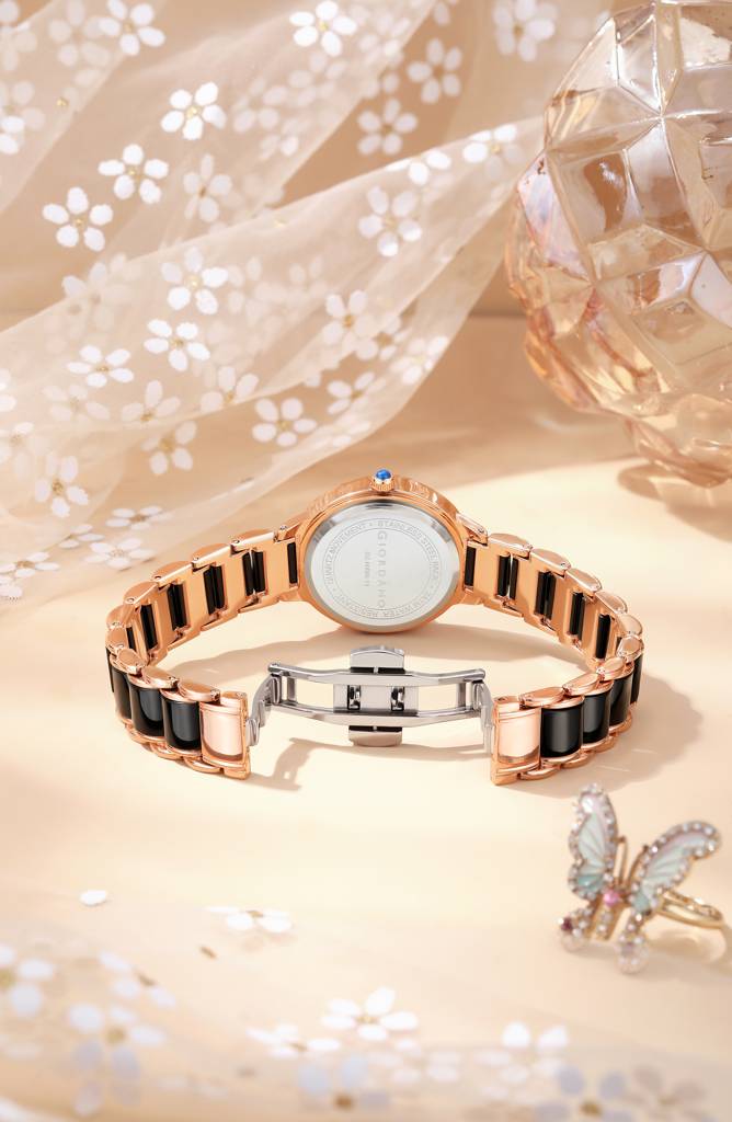 Giordano Flower Case Watch For Women With Crystal-Studded Bezel, Diamond Hour Markers & Dual Tone Stainless Stra : GZ-60095-11