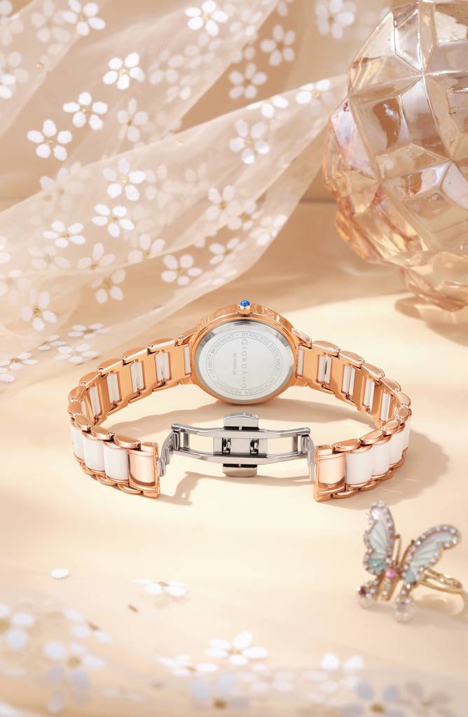 Giordano Flower Case Watch For Women With Crystal-Studded Bezel, Diamond Hour Markers & Dual Tone Stainless Stra : GZ-60095-33