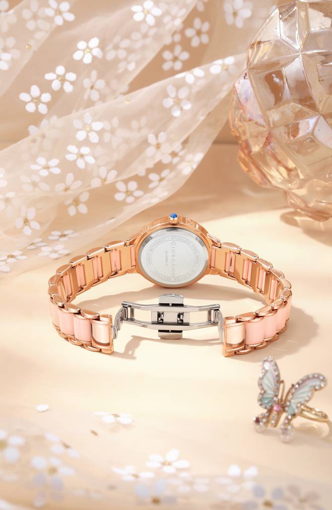 Giordano Flower Case Watch For Women With Crystal-Studded Bezel, Diamond Hour Markers & Dual Tone Stainless Stra : GZ-60095-22