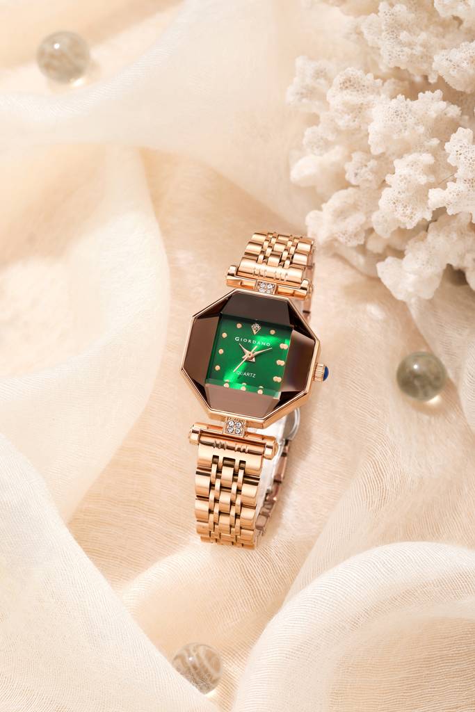 Giordano Dress Watch For Women Â Rose Gold Finish, Diamond Accented Octagonal Dial & Stainless Steel Strap-Gz- : GZ-60096-33