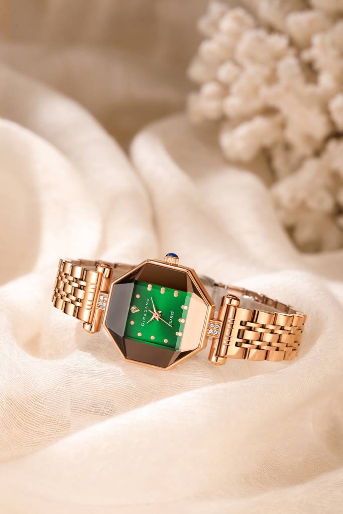 Giordano Dress Watch For Women Â Rose Gold Finish, Diamond Accented Octagonal Dial & Stainless Steel Strap-Gz- : GZ-60096-33