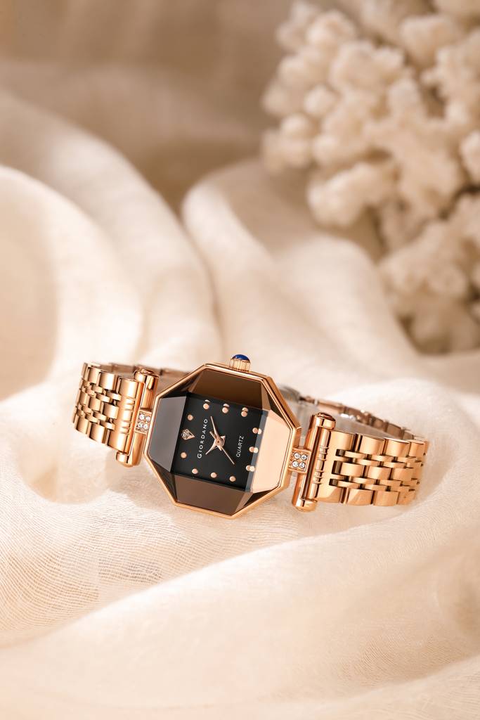 Giordano Dress Watch For Women Â Rose Gold Finish, Diamond Accented Octagonal Dial & Stainless Steel Strap-Gz- : GZ-60096-11