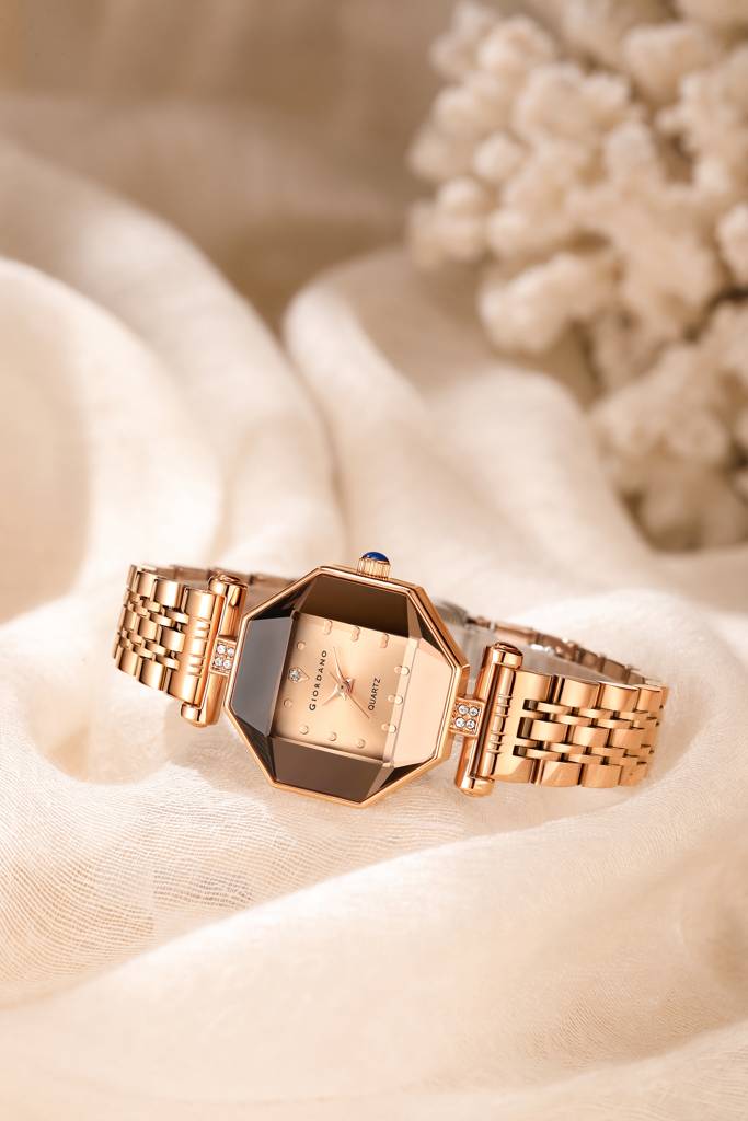 Giordano Dress Watch For Women Â Rose Gold Finish, Diamond Accented Octagonal Dial & Stainless Steel Strap-Gz- : GZ-60096-22