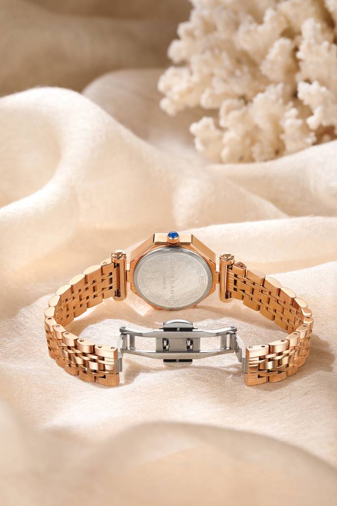 Giordano Dress Watch For Women Â Rose Gold Finish, Diamond Accented Octagonal Dial & Stainless Steel Strap-Gz- : GZ-60096-11