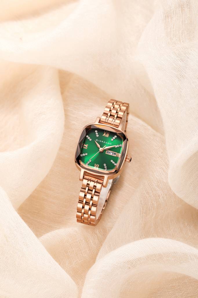 Giordano Elegant Square Rose Gold Watch For Women Â Crystal & Roman Hour Markers, Day-Date Display, Stainless  : GZ-60097-33