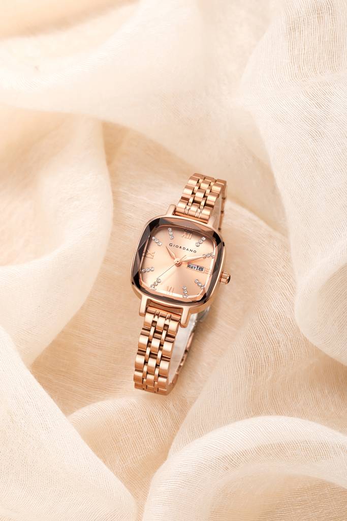 Giordano Elegant Square Rose Gold Watch For Women Â Crystal & Roman Hour Markers, Day-Date Display, Stainless  : GZ-60097-22