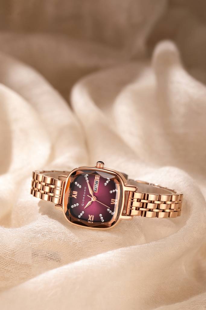 Giordano Elegant Square Rose Gold Watch For Women Â Crystal & Roman Hour Markers, Day-Date Display, Stainless  : GZ-60097-11