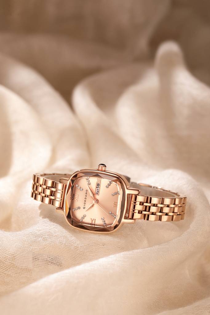 Giordano Elegant Square Rose Gold Watch For Women Â Crystal & Roman Hour Markers, Day-Date Display, Stainless  : GZ-60097-22