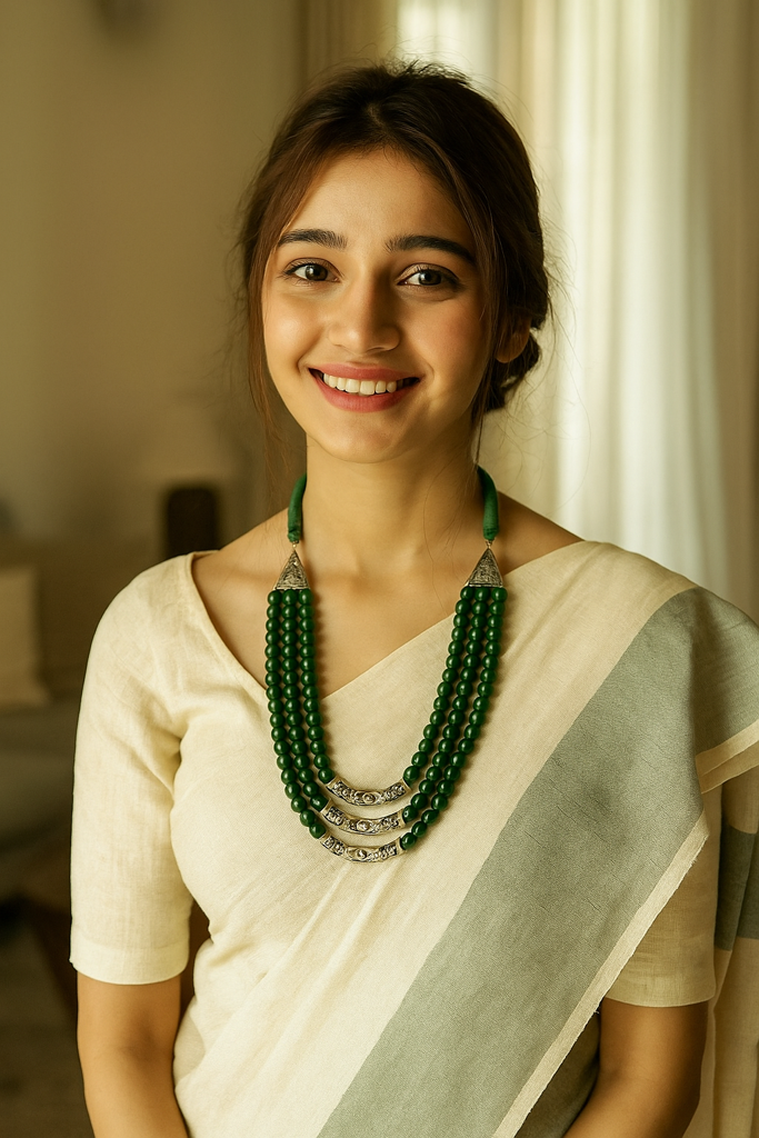 Green Glass Beads Metal 3 Layer Necklace : ALT-JEW-KM-40