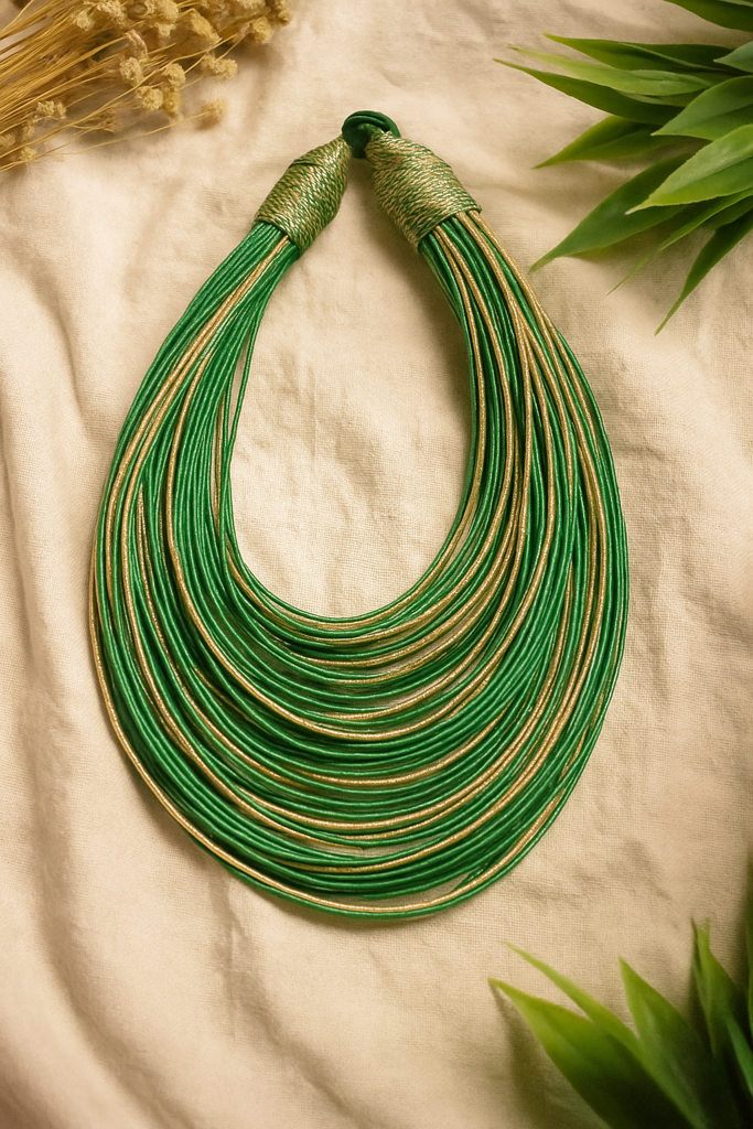 Green And Gold Handmade Silk Threads Multi-Layer Statement African Choker Necklace : ALT-JEW-RWT-193