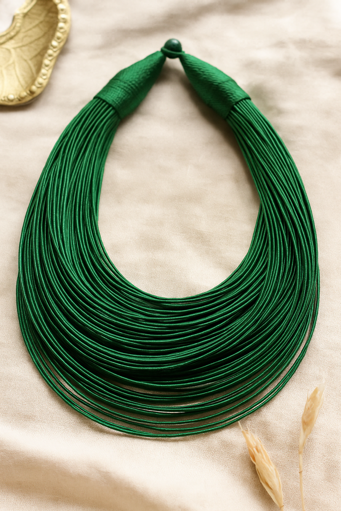 Bottle Green Handmade Silk Threads Multi-Layer Statement African Choker Necklace : ALT-JEW-RWT-141