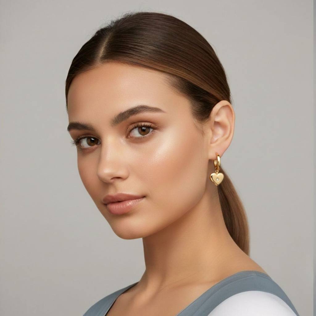 18K Gold Plated Heart Charm Drop Earrings : RJFSER46