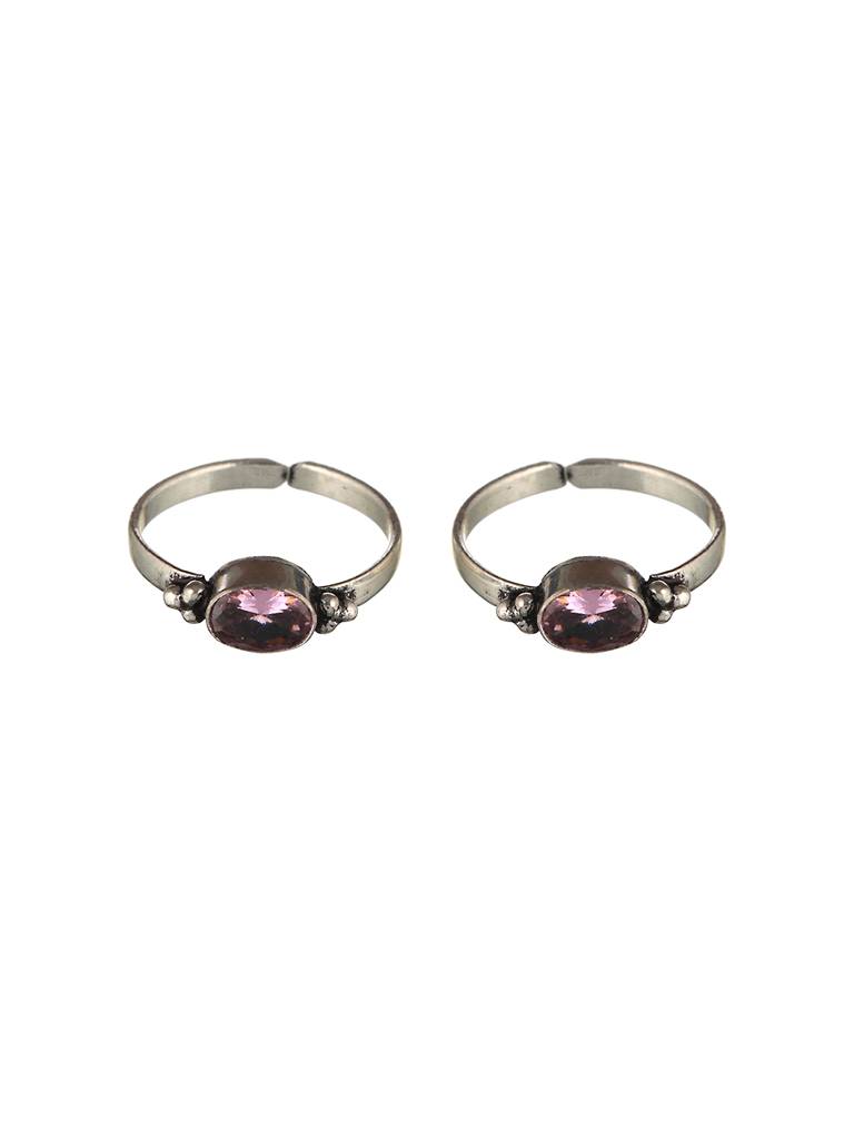 Set Of 2 Silver Plated Pink Ad Studded Delicate Adjustable Toe Ring : SJTR2027