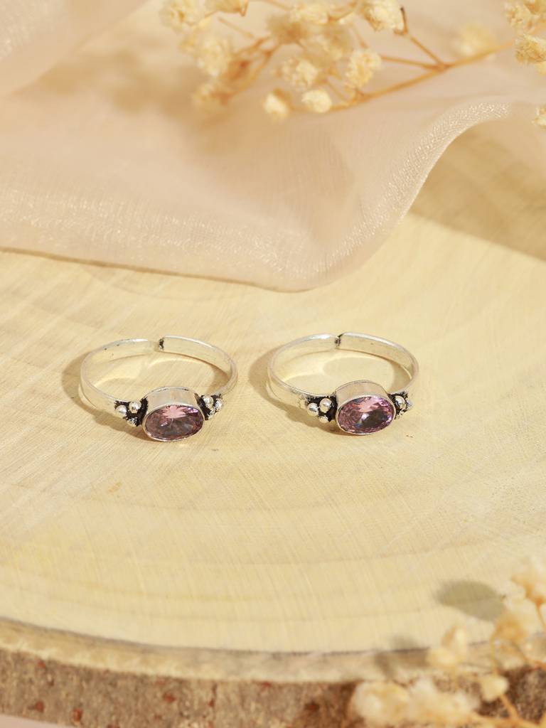 Set Of 2 Silver Plated Pink Ad Studded Delicate Adjustable Toe Ring : SJTR2027