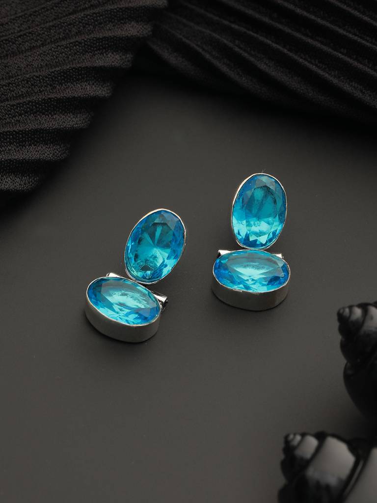 Oxidised Turquoise Blue Ad Stone Studded Minimal Earring : SJER2029