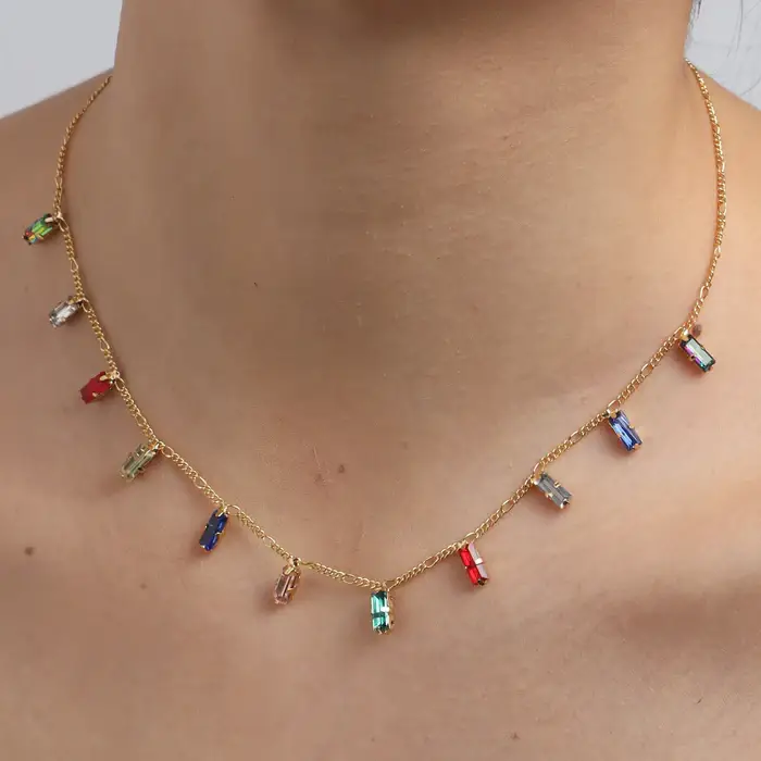 Tfc Multi-Color Slim Brick 24K Gold Plated Dainty Necklace : 20301