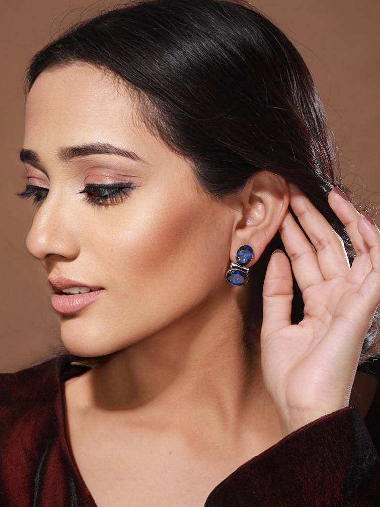 Oxidised Royal Blue Ad Studded Statement Earrings : SJER2030