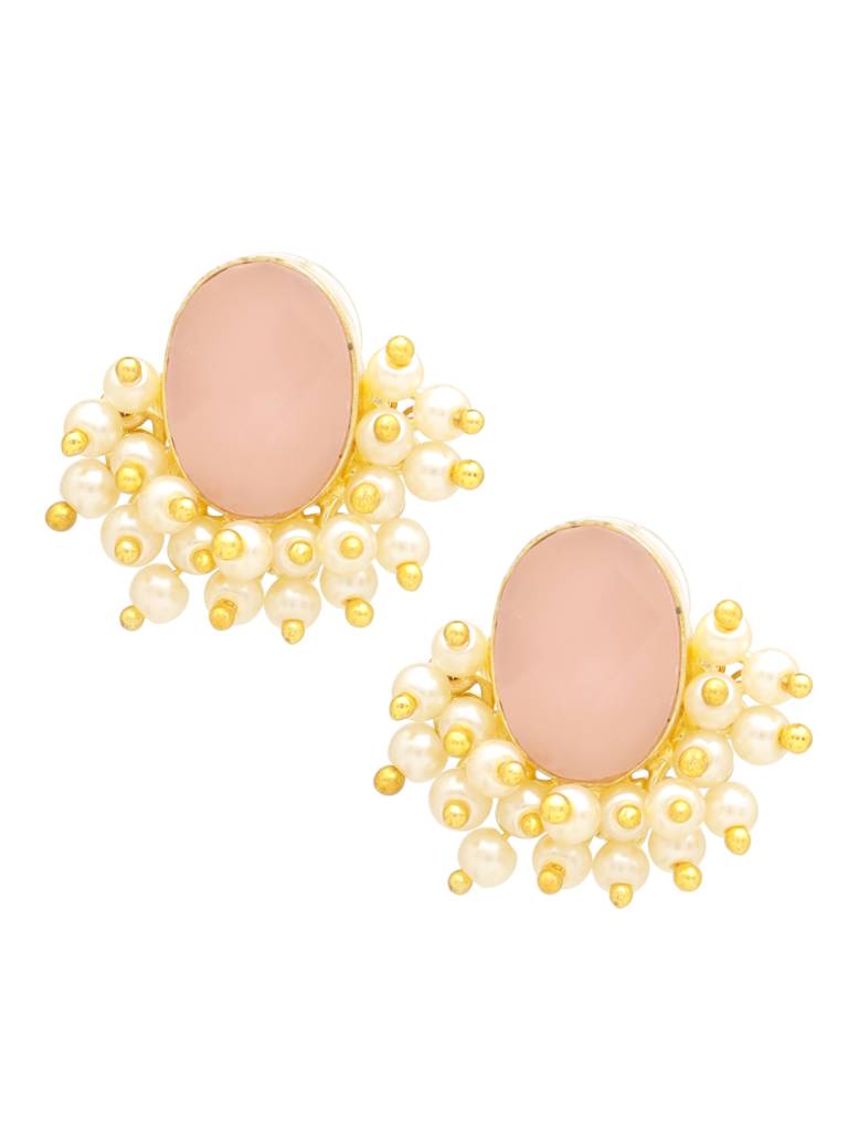Gold Plated Pink Stone & Pearl Beaded Statement Earrings : SJER2032