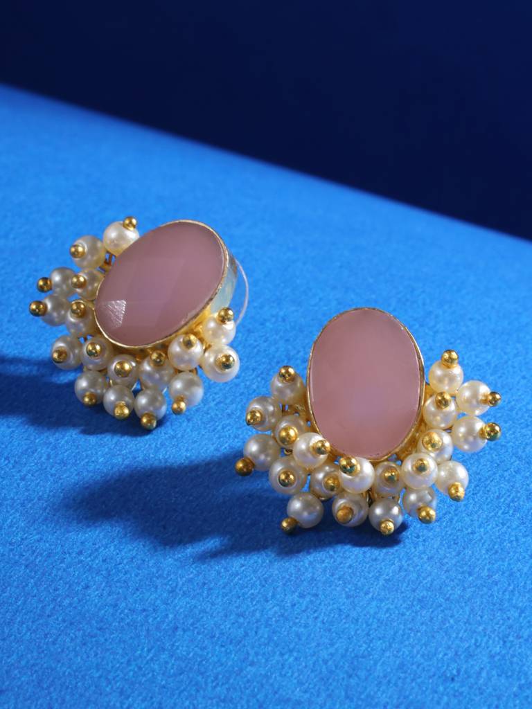 Gold Plated Pink Stone & Pearl Beaded Statement Earrings : SJER2032