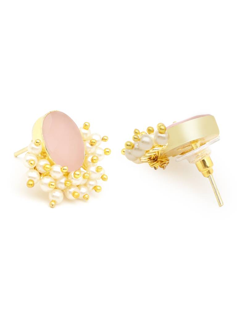 Gold Plated Pink Stone & Pearl Beaded Statement Earrings : SJER2032