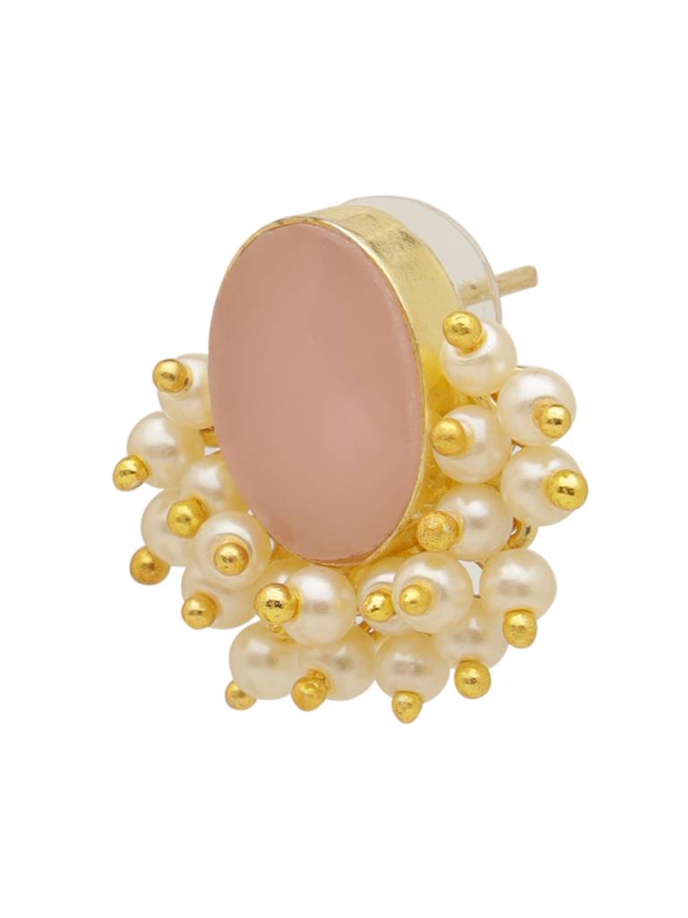 Gold Plated Pink Stone & Pearl Beaded Statement Earrings : SJER2032