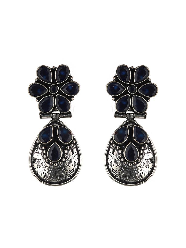 Silver Oxidised Blue Stone Studded Statement Earrings : SJER2034