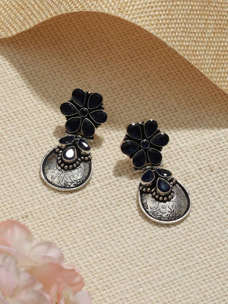 Silver Oxidised Blue Stone Studded Statement Earrings : SJER2034