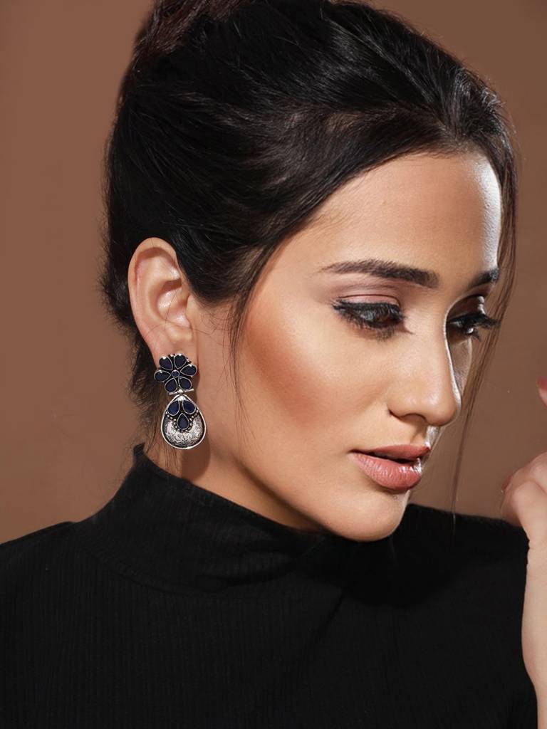 Silver Oxidised Blue Stone Studded Statement Earrings : SJER2034