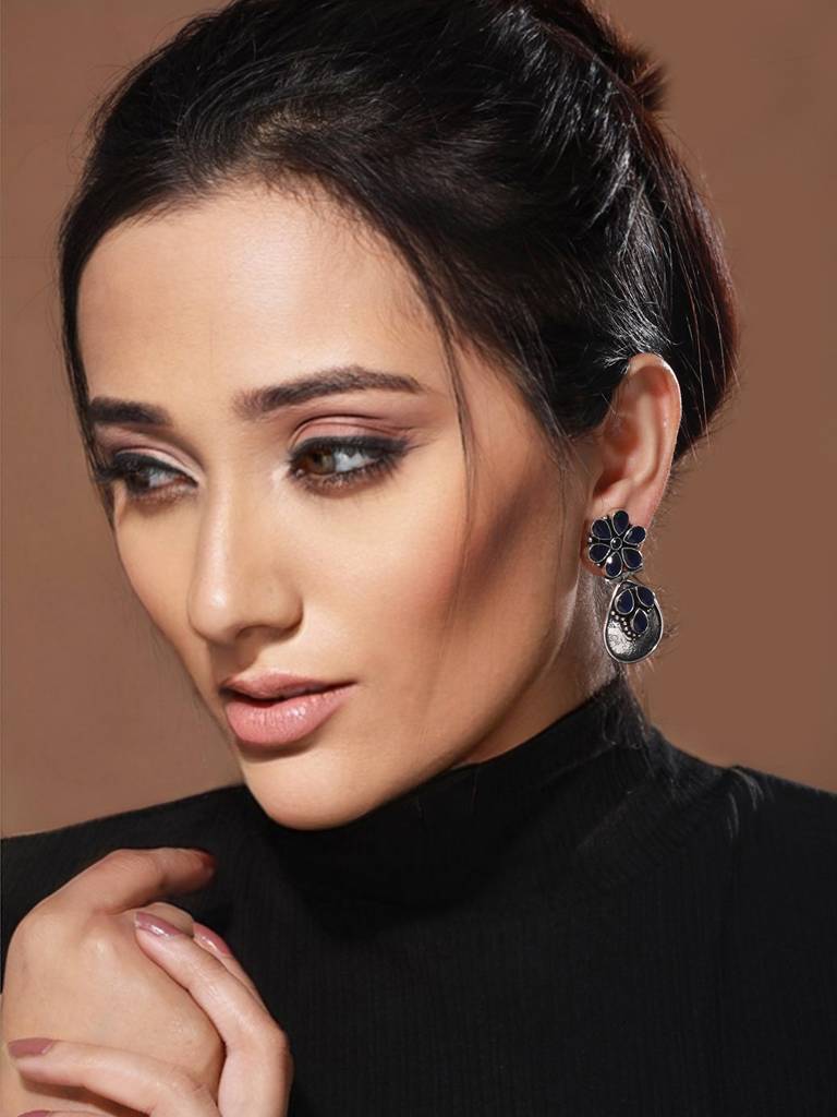 Silver Oxidised Blue Stone Studded Statement Earrings : SJER2034
