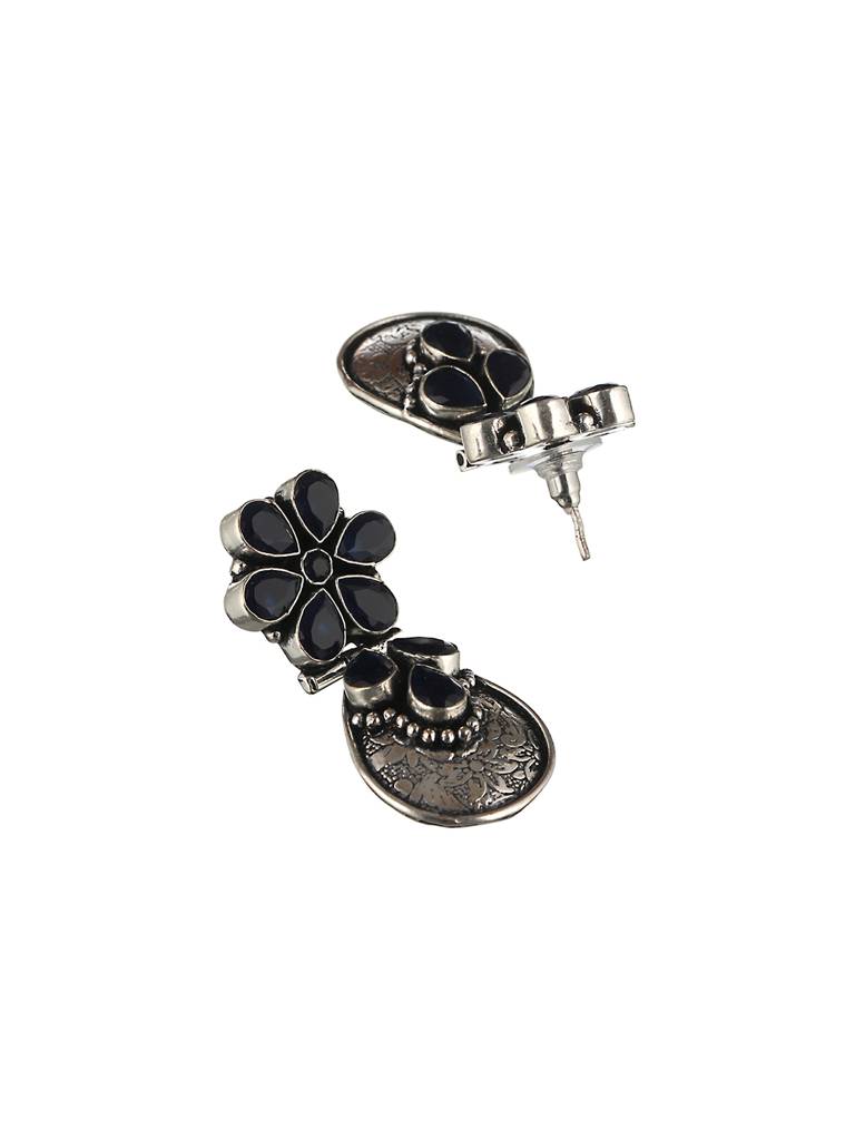 Silver Oxidised Blue Stone Studded Statement Earrings : SJER2034