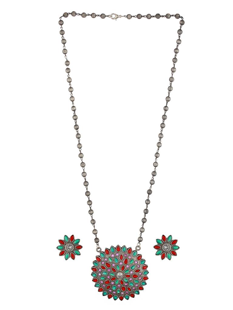 Oxidised Red & Green Stone Studded Pendant Jewellery  Set : SJNK2037