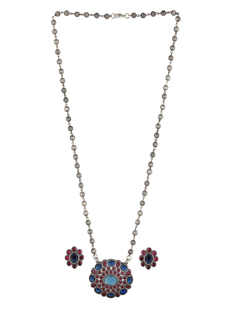 Oxidised Red & Blue Stone Studded Statement Pendant Jewellery Set : SJNK2038