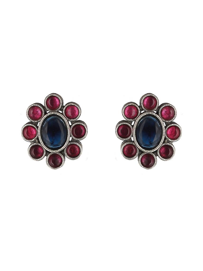 Oxidised Red & Blue Stone Studded Statement Pendant Jewellery Set : SJNK2038