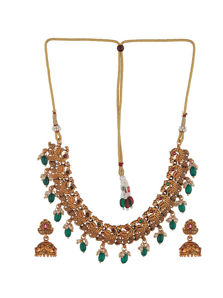 Gold Plated Green Stone Studded Peacock Temple Jewellery Set : SJNK2039