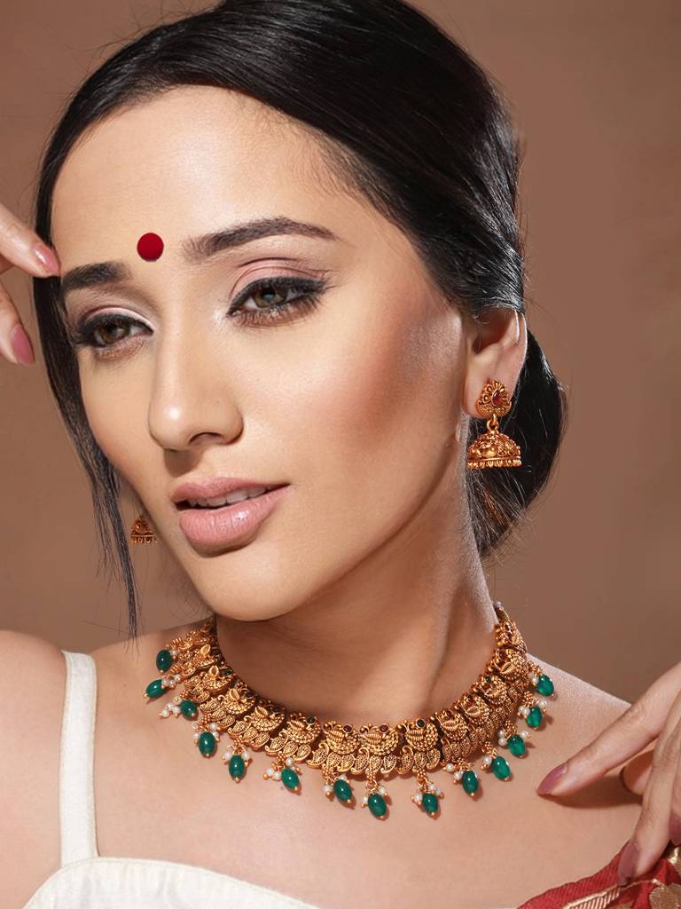 Gold Plated Green Stone Studded Peacock Temple Jewellery Set : SJNK2039