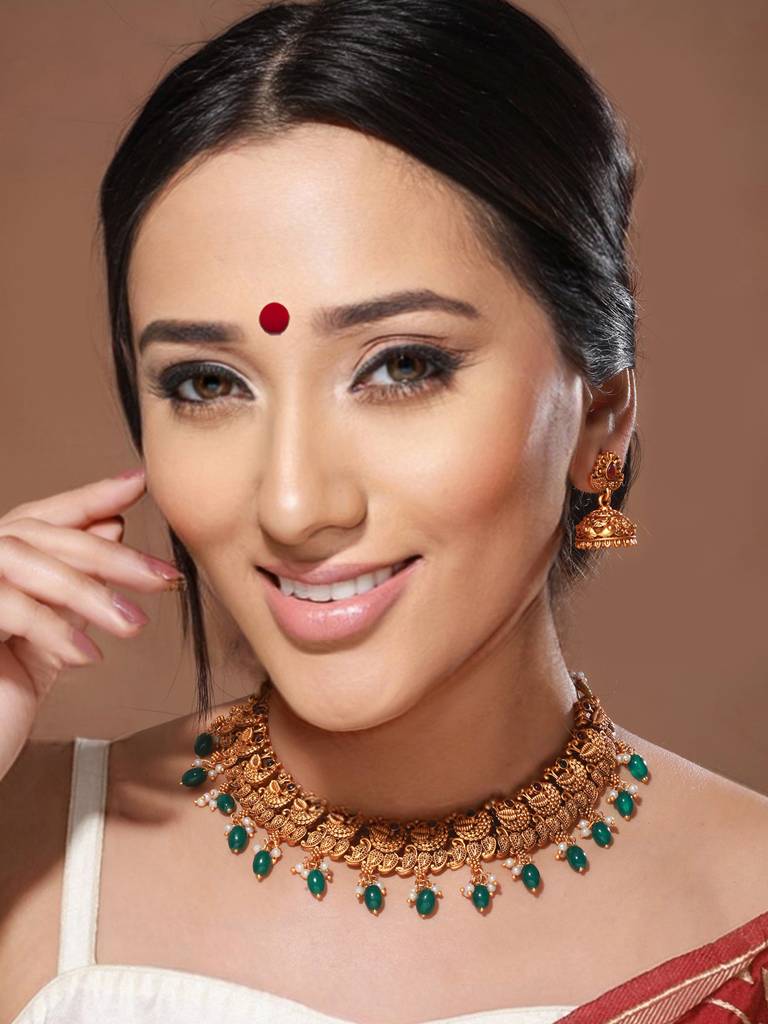 Gold Plated Green Stone Studded Peacock Temple Jewellery Set : SJNK2039