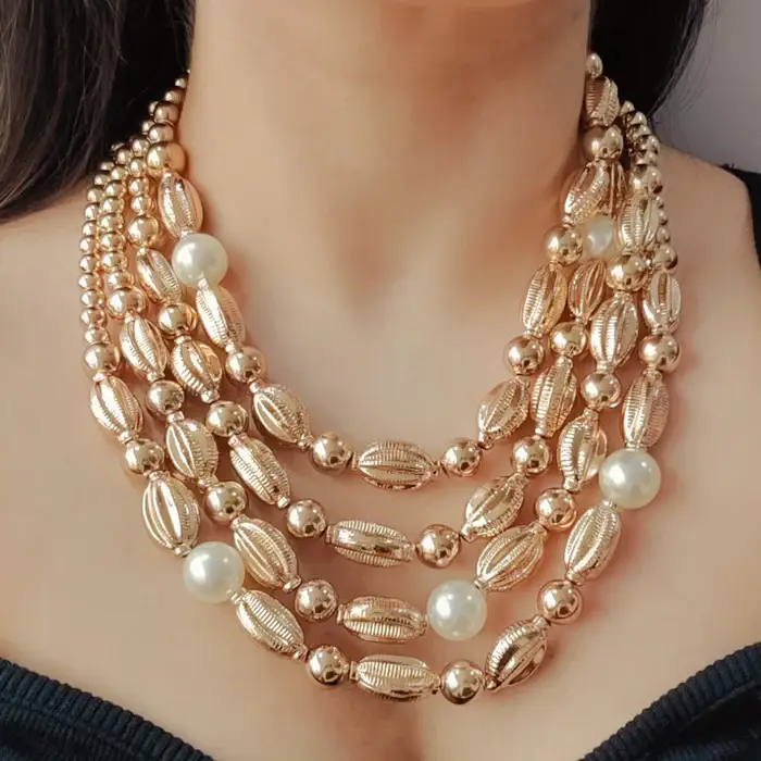 Tfc Seashell Bold & Gold Pearl Beads Statement Layered Necklace : 20400